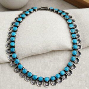 Turquoise Necklace Vintage Sterling Silver 925 Mexico Chunky Choker Stamped 18”